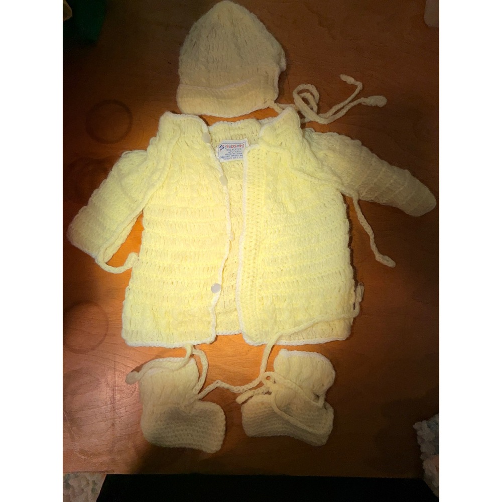 Cradle Knit Baby Set Yellow Cardigan Bonnet Booties 3 Piece Knit WPL-9337